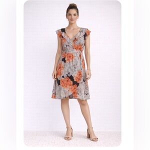 Anthropologie MOULINETTE SOEURS floral silk  Orange and Gray Dress